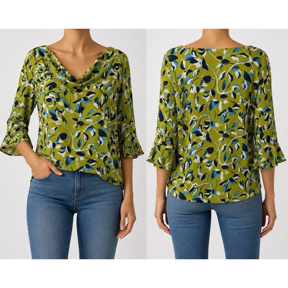 Investments Leaf Print Cowl Neck Bell Sleeve Blouse Green Blue White Sz 1X